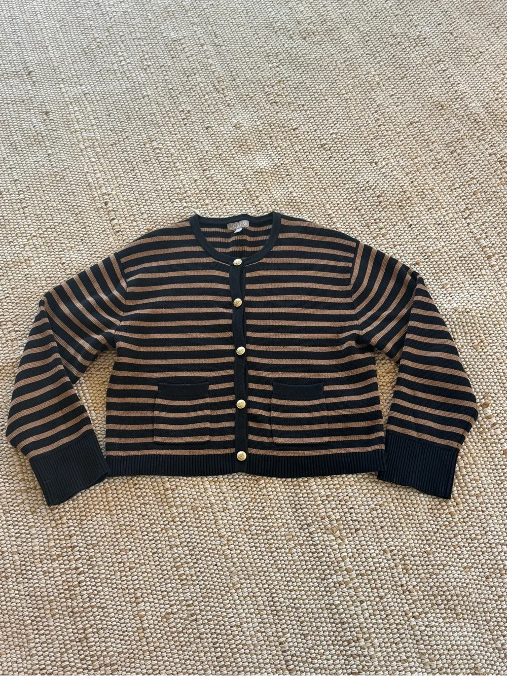 J.Crew Relaxed Emilie sweater lady jacket stripe black heather camel size large